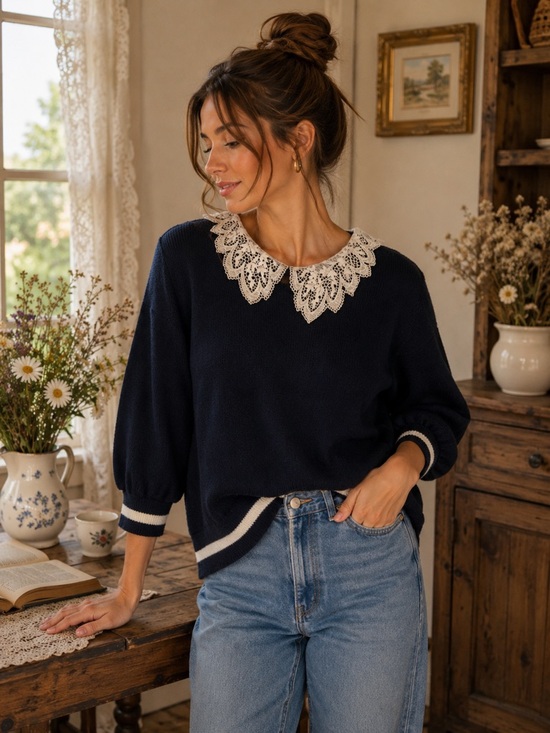 Anthropologie Sweaters - Vintage Navy Blue Sweater with Lace Collar